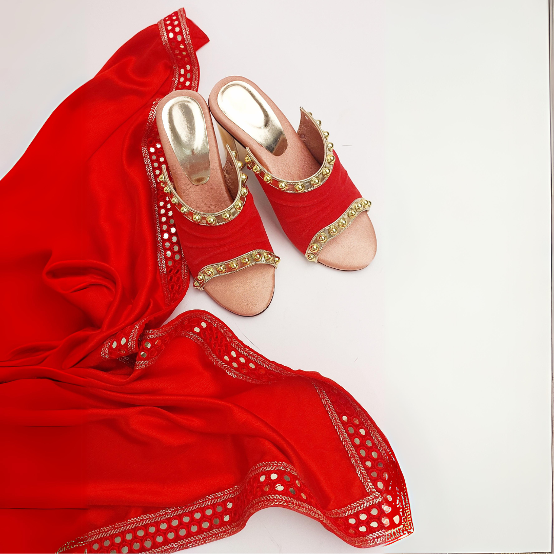 Golden Studded Red Elegant Party Block Heels