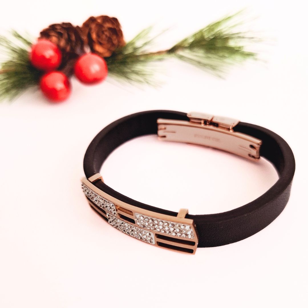 Sparkling Roads Black and Rose Gold Stainless Steel and Faux Leather Bangle