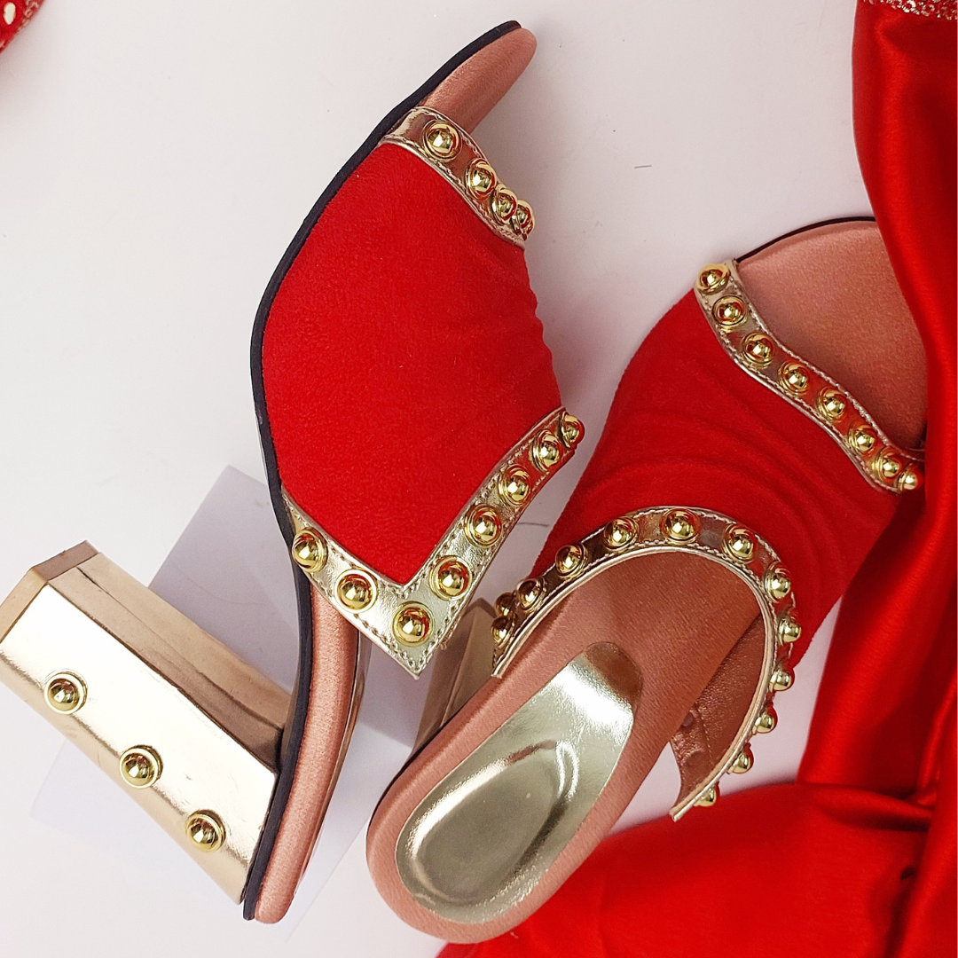 Golden Studded Red Elegant Party Block Heels