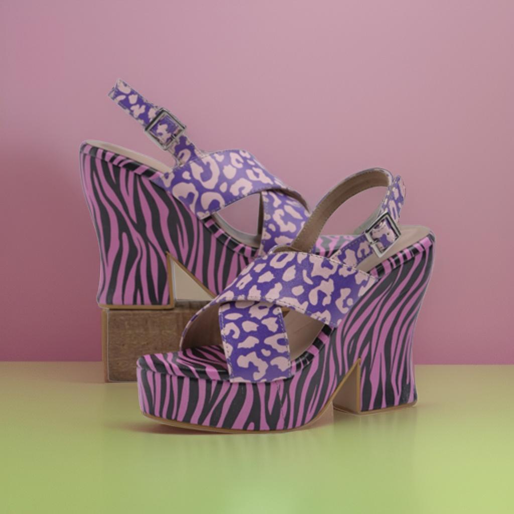 Pink and Purple Y2K McBling Print Platform Heels