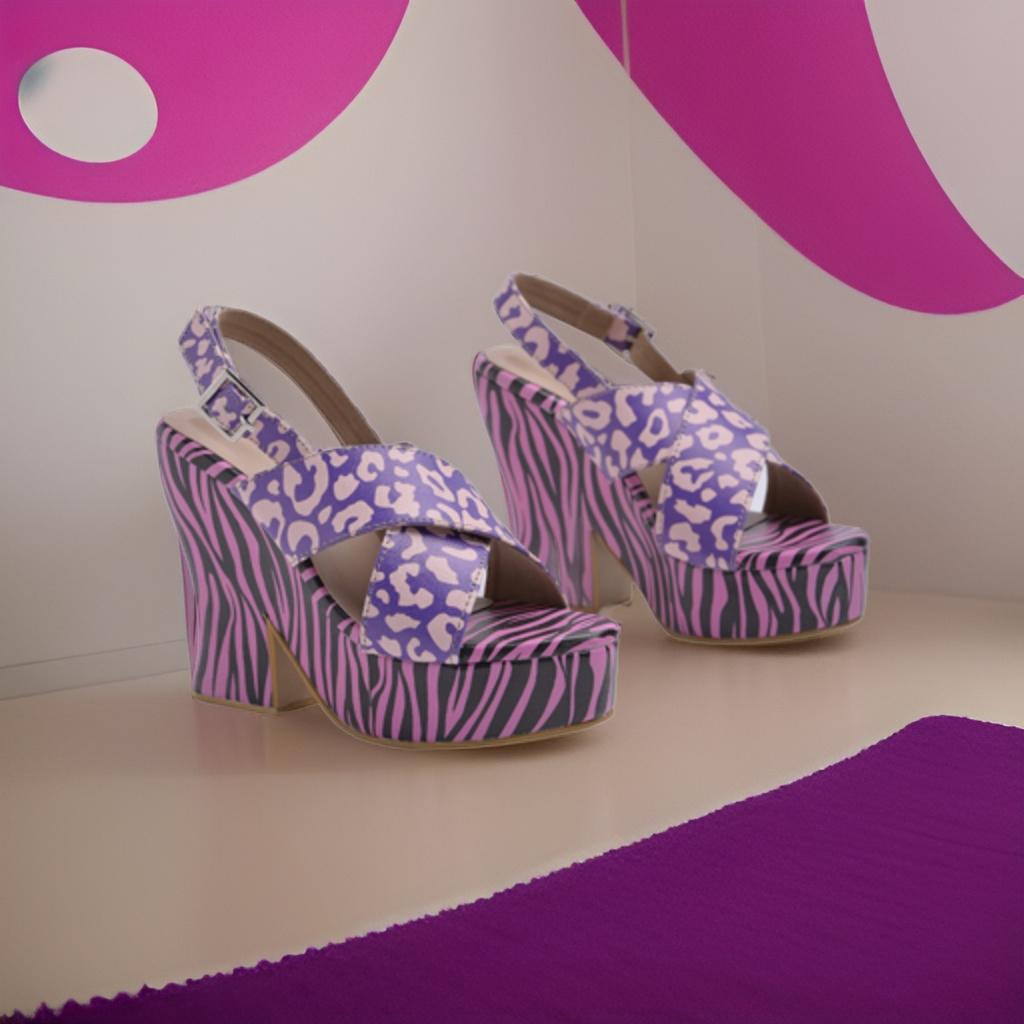 Pink and Purple Y2K McBling Print Platform Heels