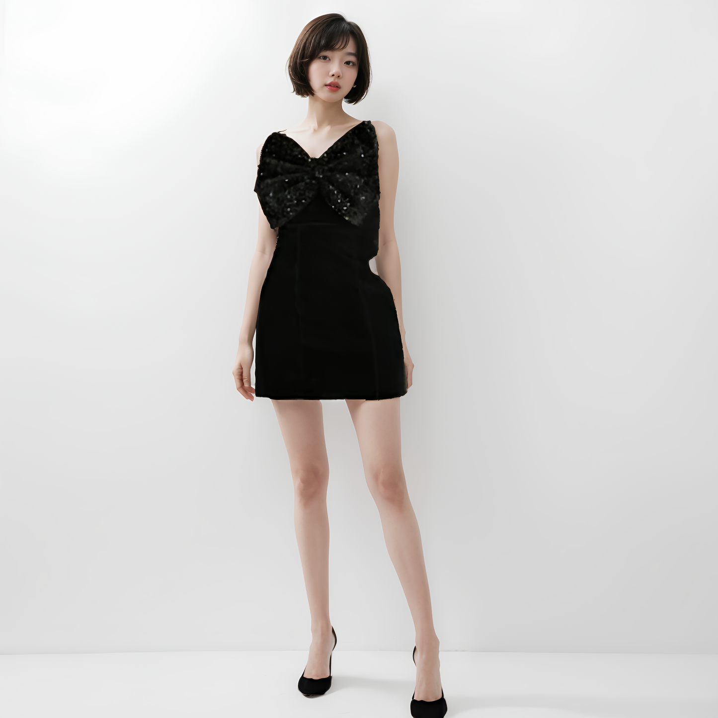 Black Sequence Bow Velvet Short Dress