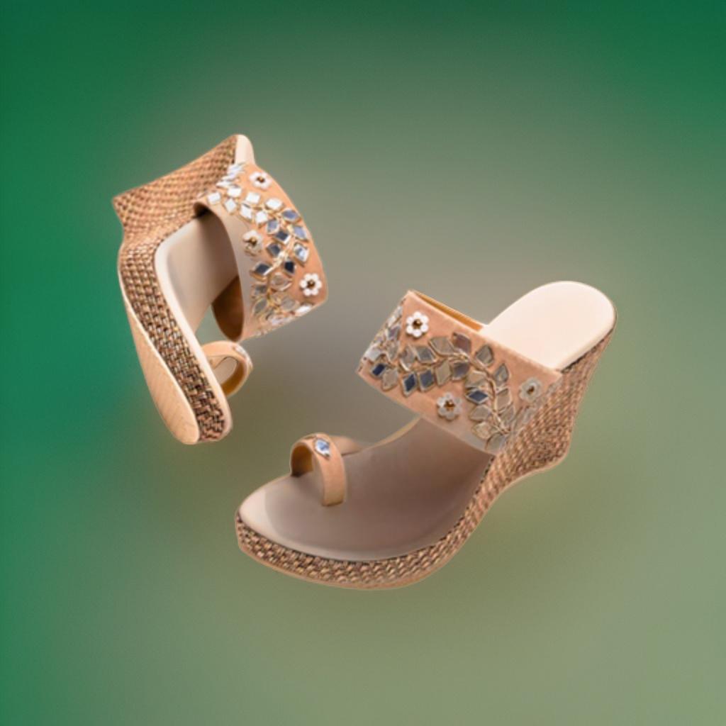 Beige Zari Embroidery Mirror Work Platform Heels