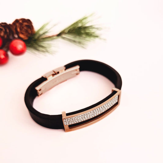 Diamond Sky Black and Rose Gold Stainless Steel and Faux Leather Bangle