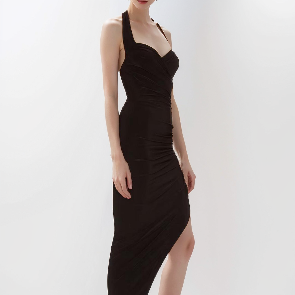 Norma Kamali Black Halter Side Drape Bodice Dress