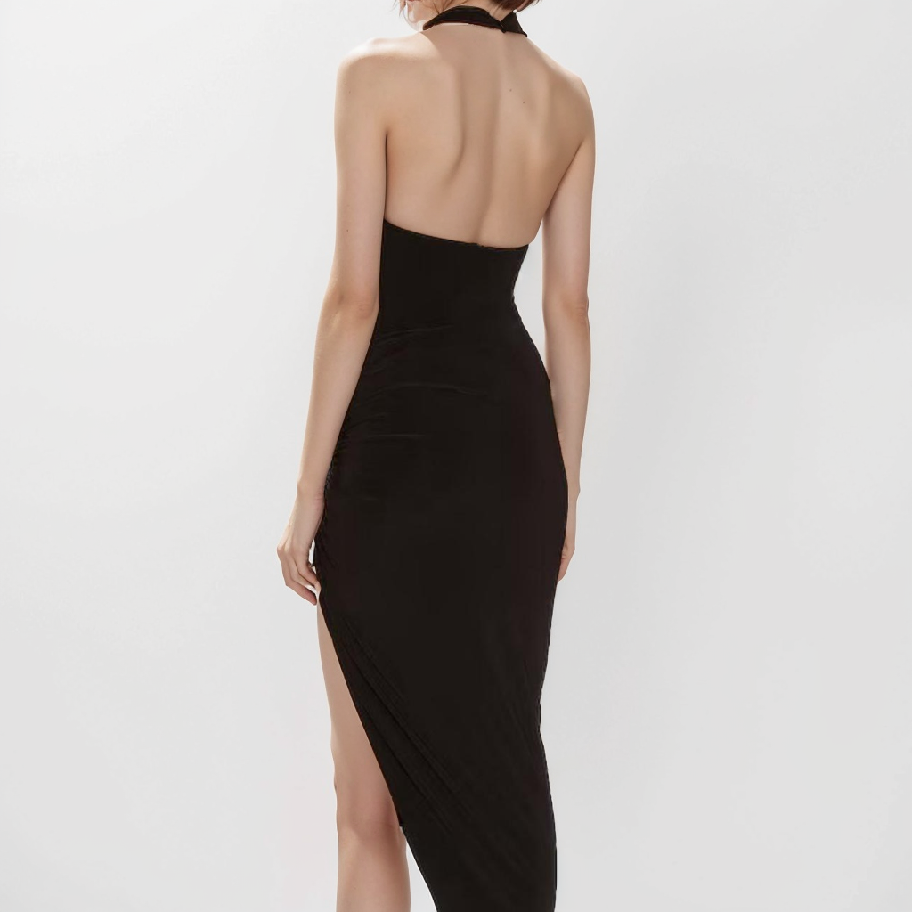 Norma Kamali Black Halter Side Drape Bodice Dress