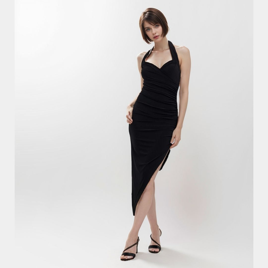 Norma Kamali Black Halter Side Drape Bodice Dress