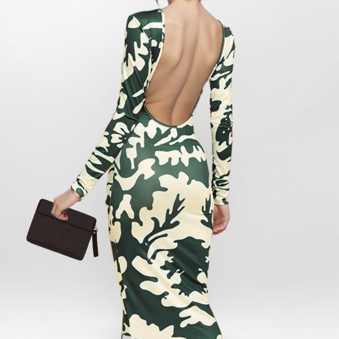 Open Back Printed Bodycon Dress (White and Green Full Length)