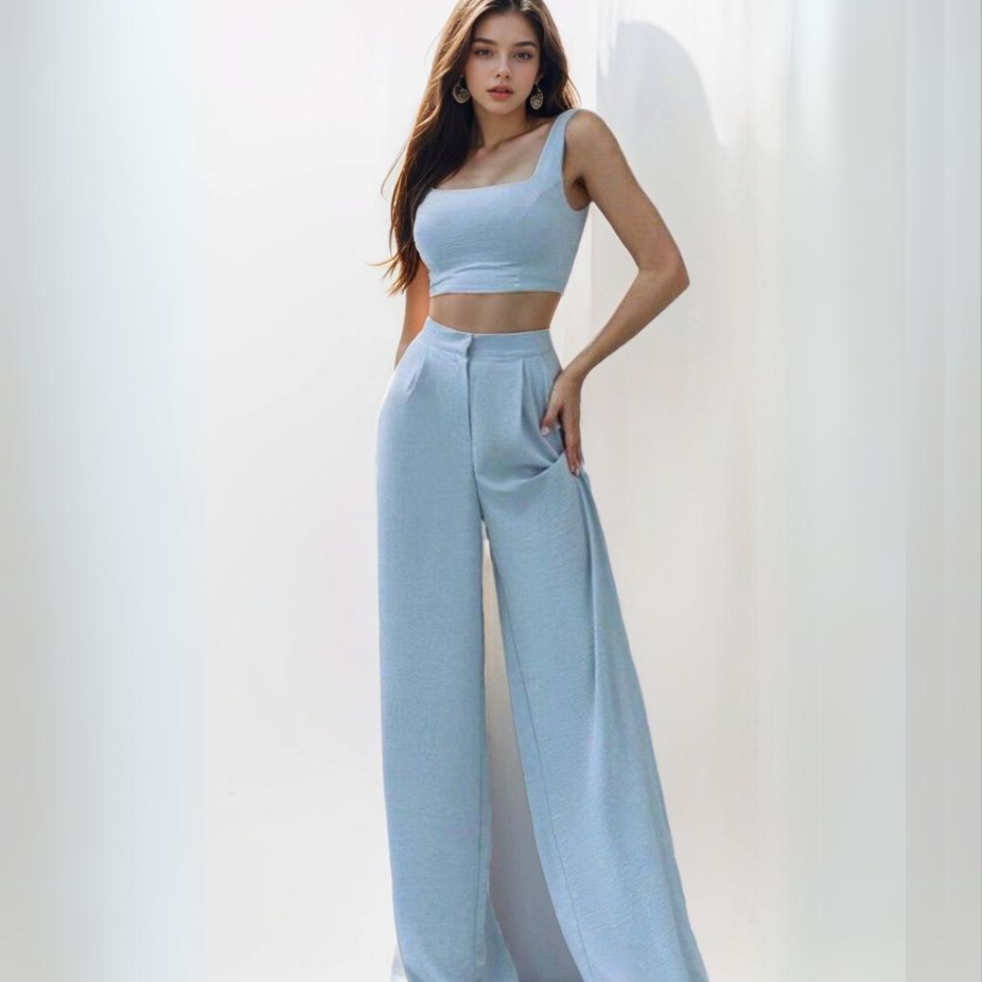 Sky Blue Co-Ord Crop Top With High Rise Korean Pants for Women