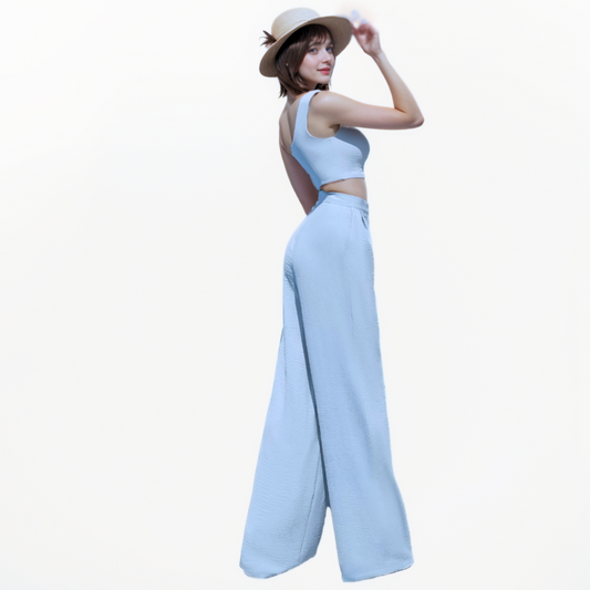 Sky Blue Co-Ord Crop Top With High Rise Korean Pants for Women