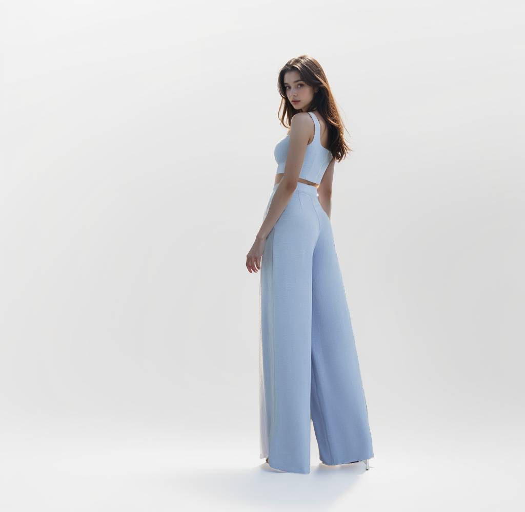 Sky Blue Co-Ord Crop Top With High Rise Korean Pants for Women