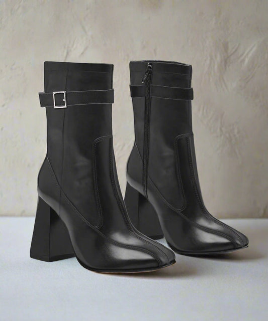 Black High Ankle Winter Boots, Buckle Detail, Block Heels