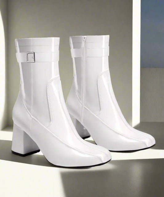 White High Ankle Winter Boots, Buckle Detail, Block Heels