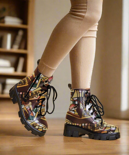 Chunky Sole, Egyptian Print Brown Booties for Winter