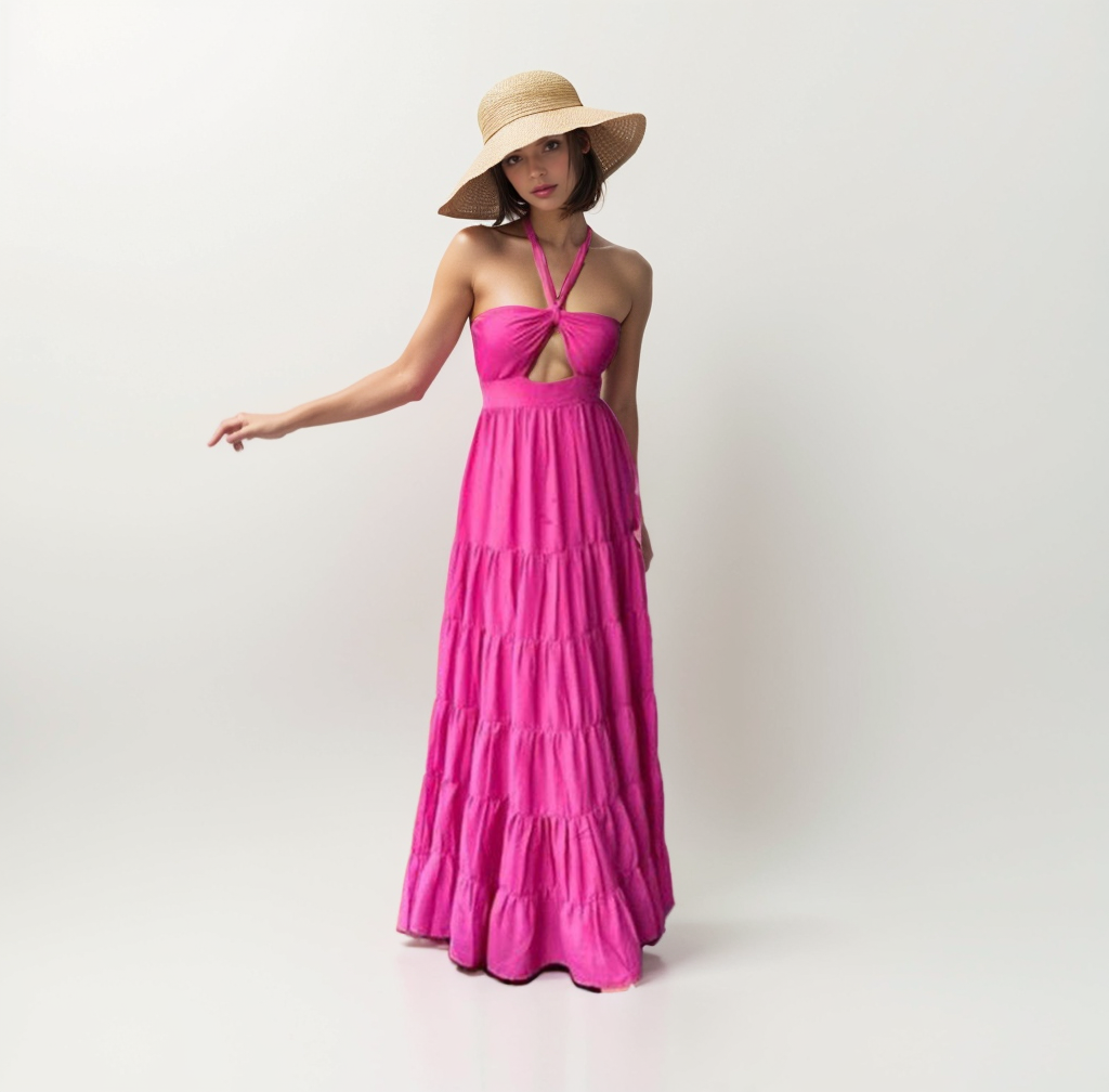 Cotton Pink Front Cut-Out Halter Neck Maxi Dress