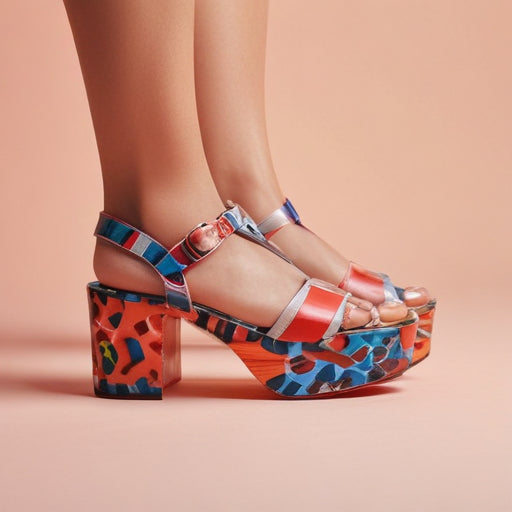 ADD TO WISHLIST - Orange Blue Quirky Print Ankle Strap Block Heel Sandals