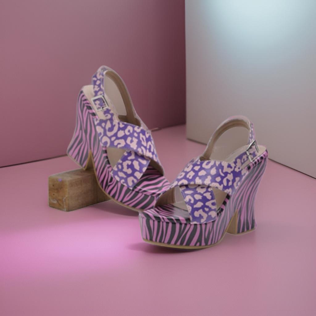 Pink and Purple Y2K McBling Print Platform Heels