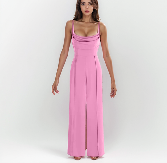 Baby Pink Solid Cowl Neck Stitch Jumpsuit